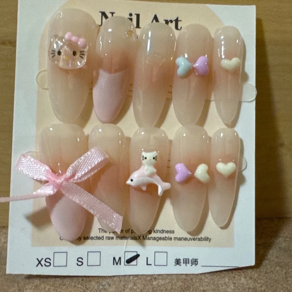 Pink Ombre Press On Nails w/ 3D Charms Bows Hearts Character Long Almond‎ Size M